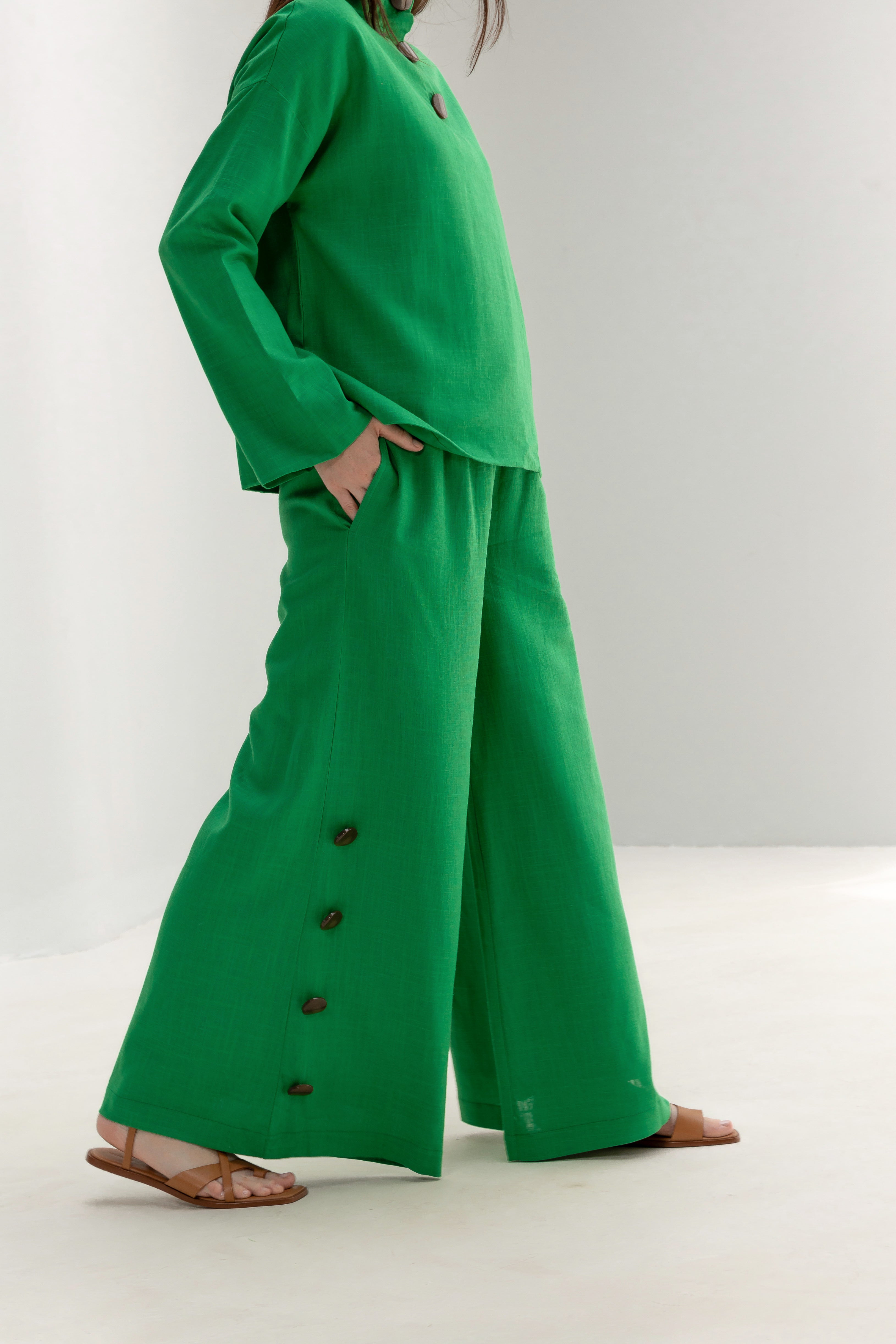 H-line Linen Trousers with side buttons