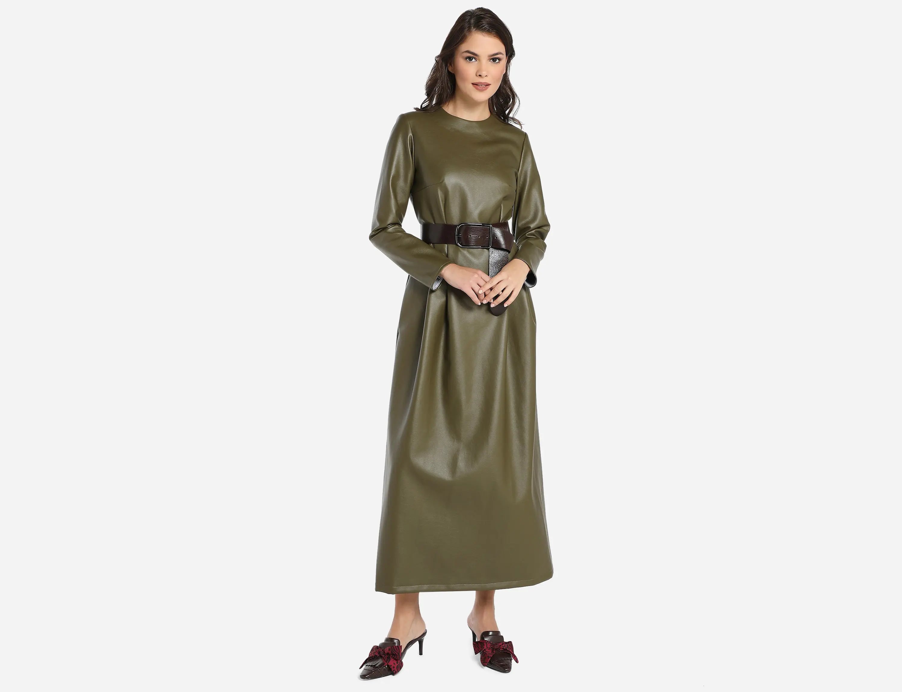 Faux Leather Dress - Faux A line cut and side pockets Olive green / M Faux Leather Dress - Faux A line cut and side pockets Olive green / M