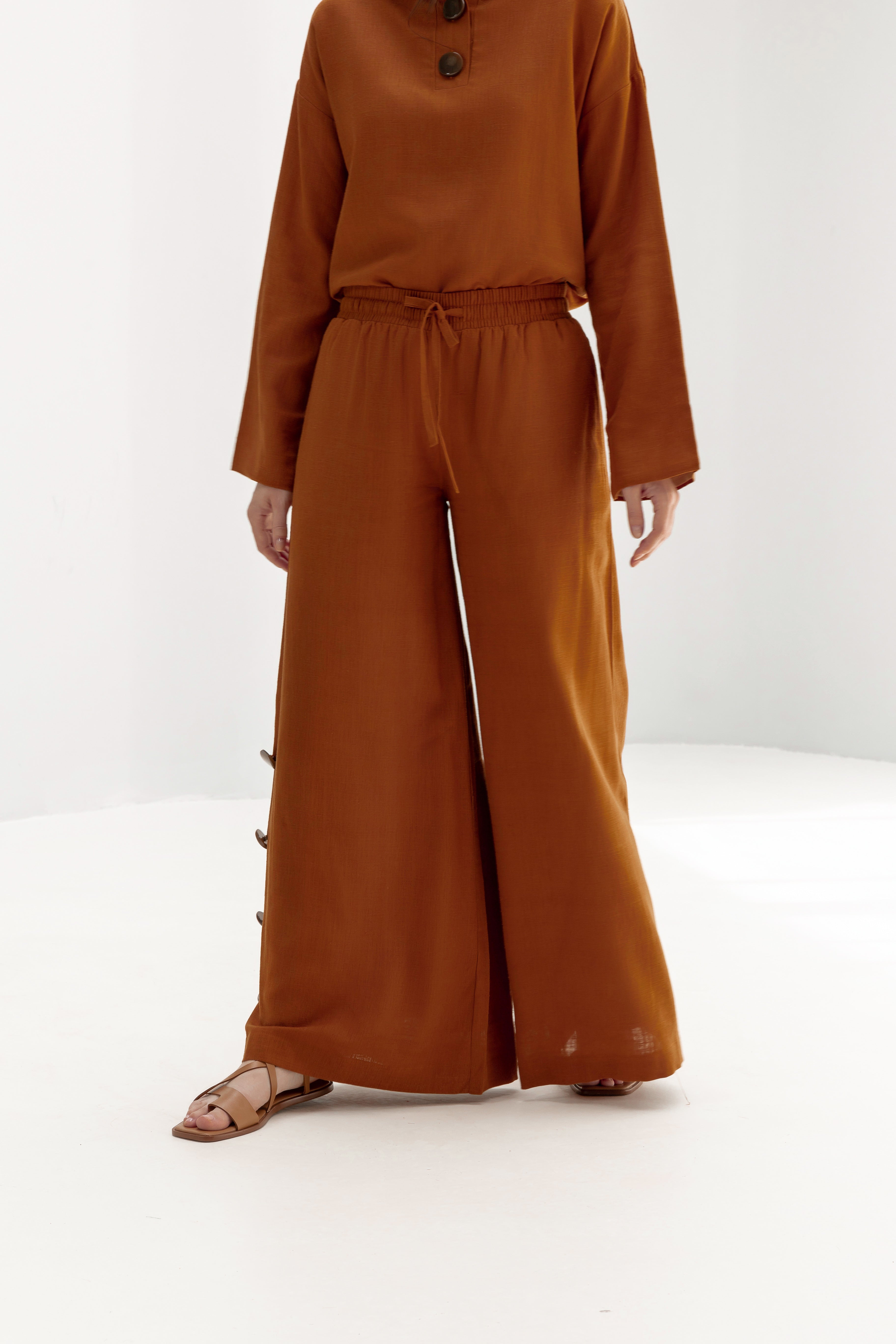 H-line Linen Trousers with side buttons