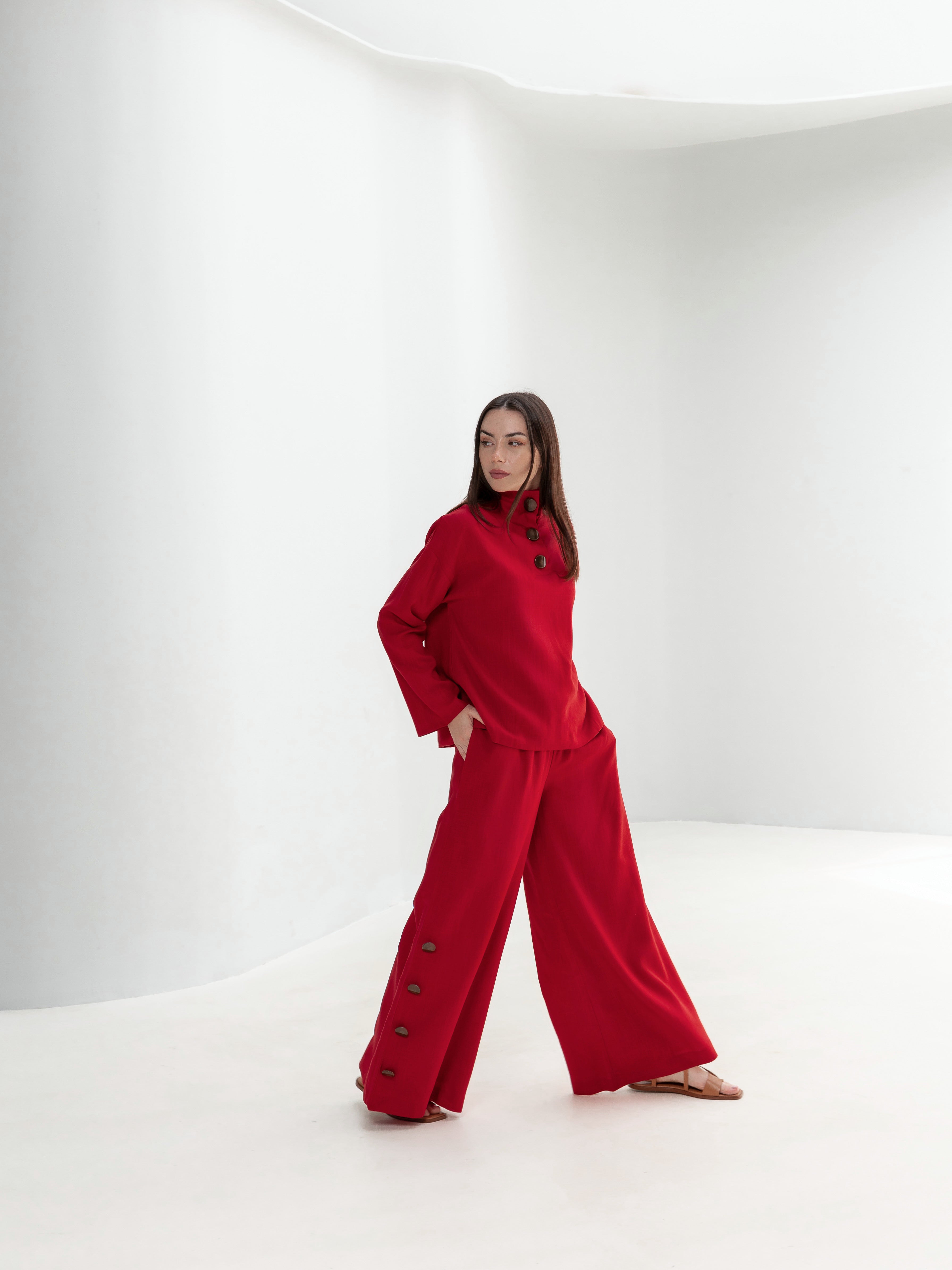 H-line Linen Trousers with side buttons