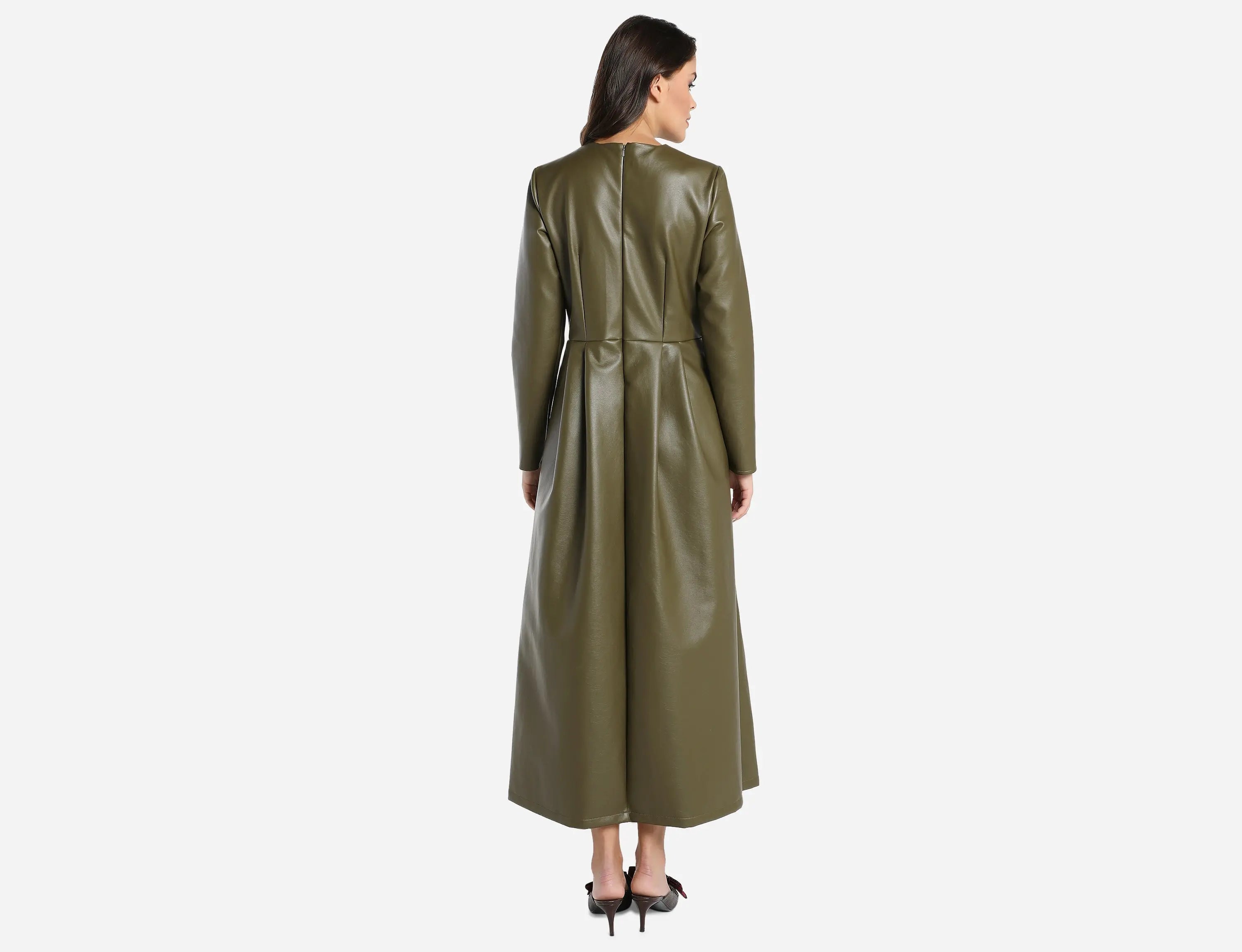 Faux Leather Dress - Faux A Line Cut and Side Pockets Olive Green / M Faux Leather Dress - Faux A Line Cut and Side Pockets Olive Green / M