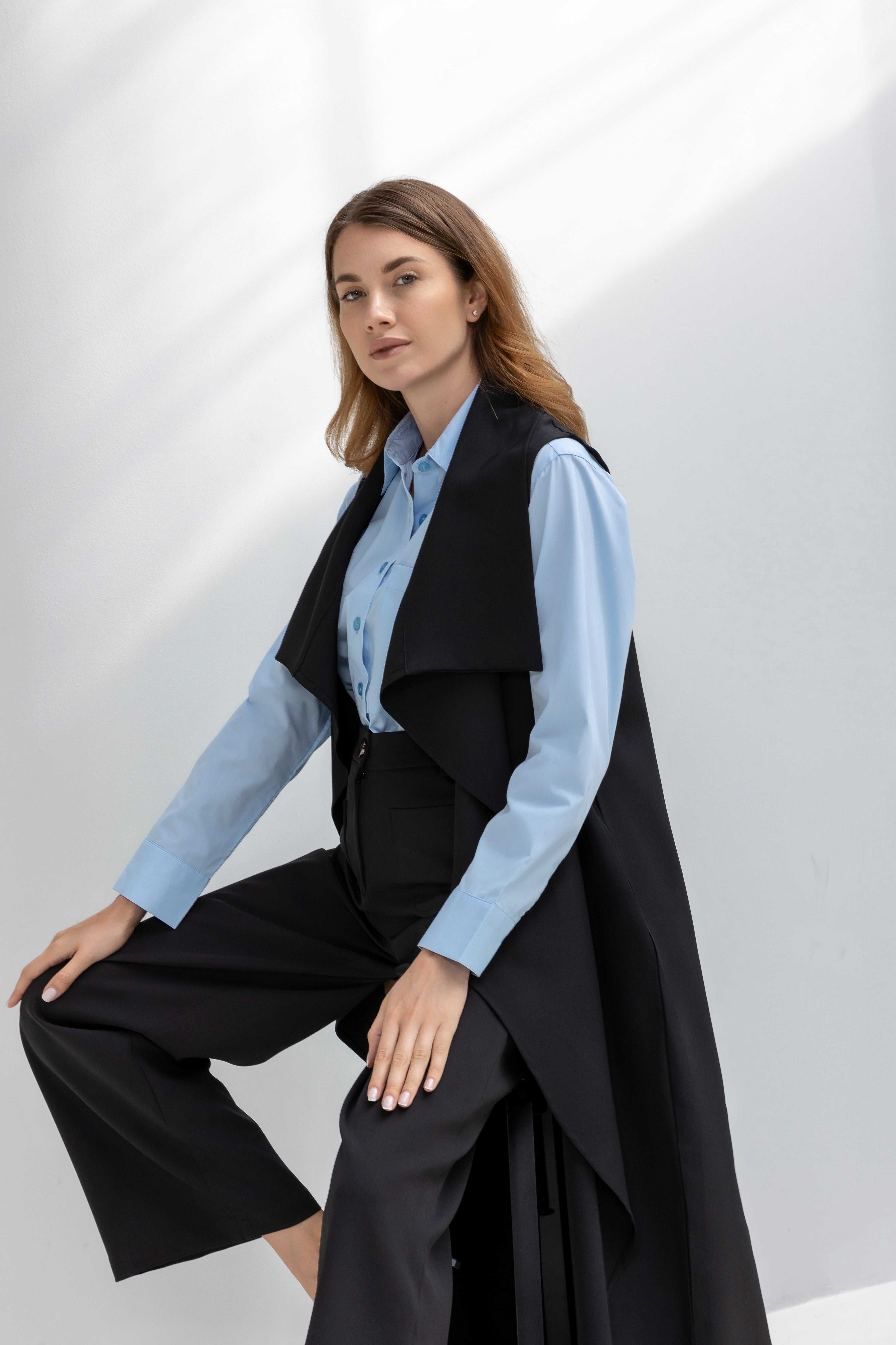 Drap collar sleeveless Long Cardigan