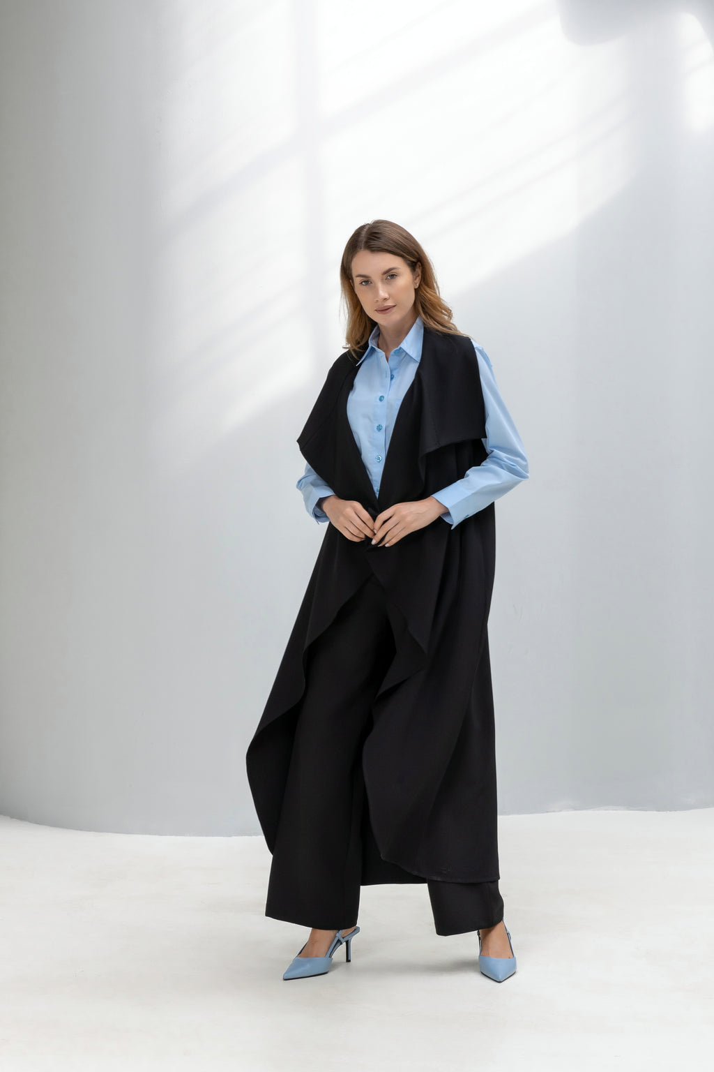 Drap collar sleeveless Long Cardigan