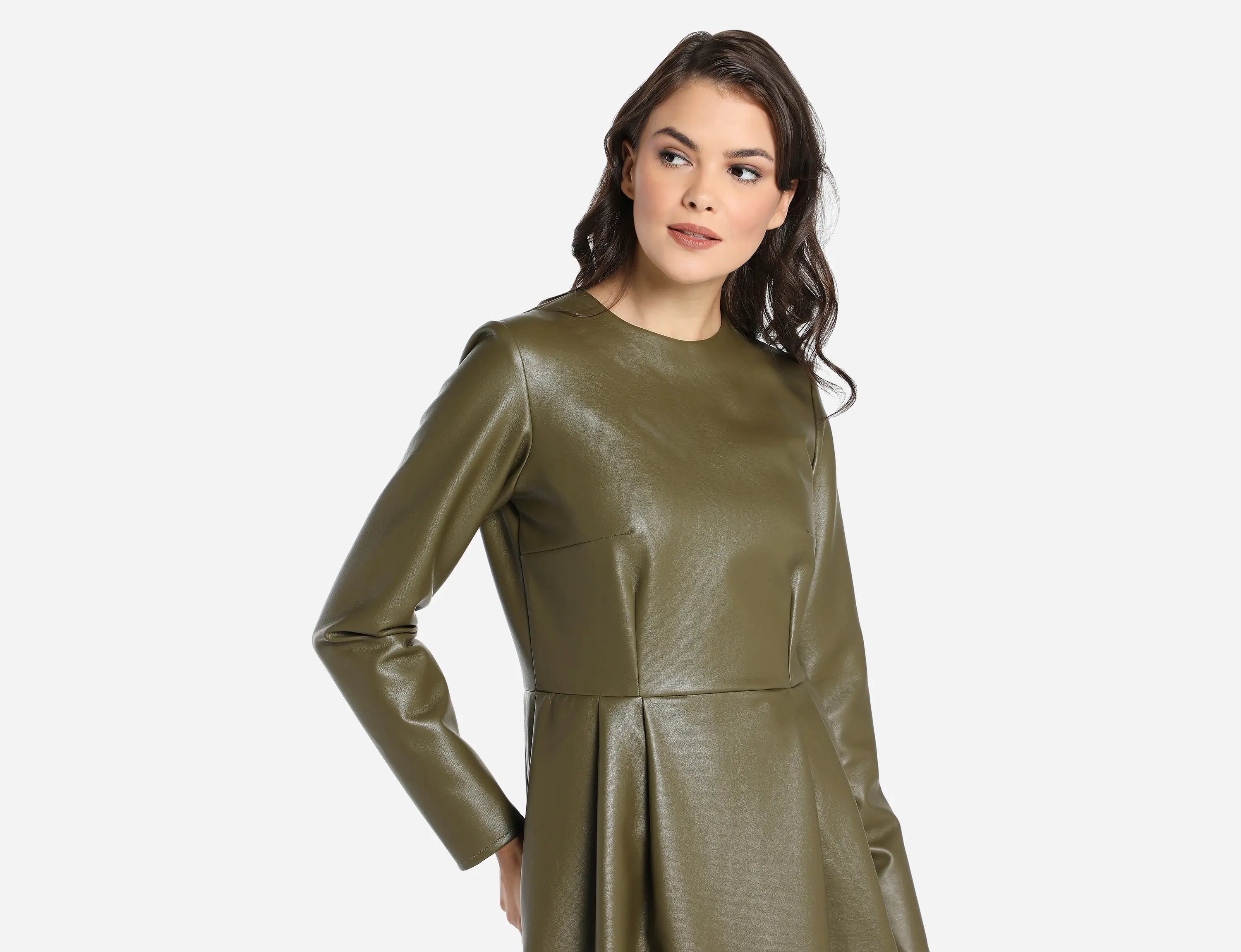 Faux Leather Dress - Faux A Line Cut and Side Pockets Olive Green / M Faux Leather Dress - Faux A Line Cut and Side Pockets Olive Green / M