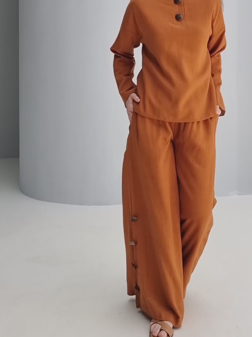 H-line Linen Trousers with Side Buttons